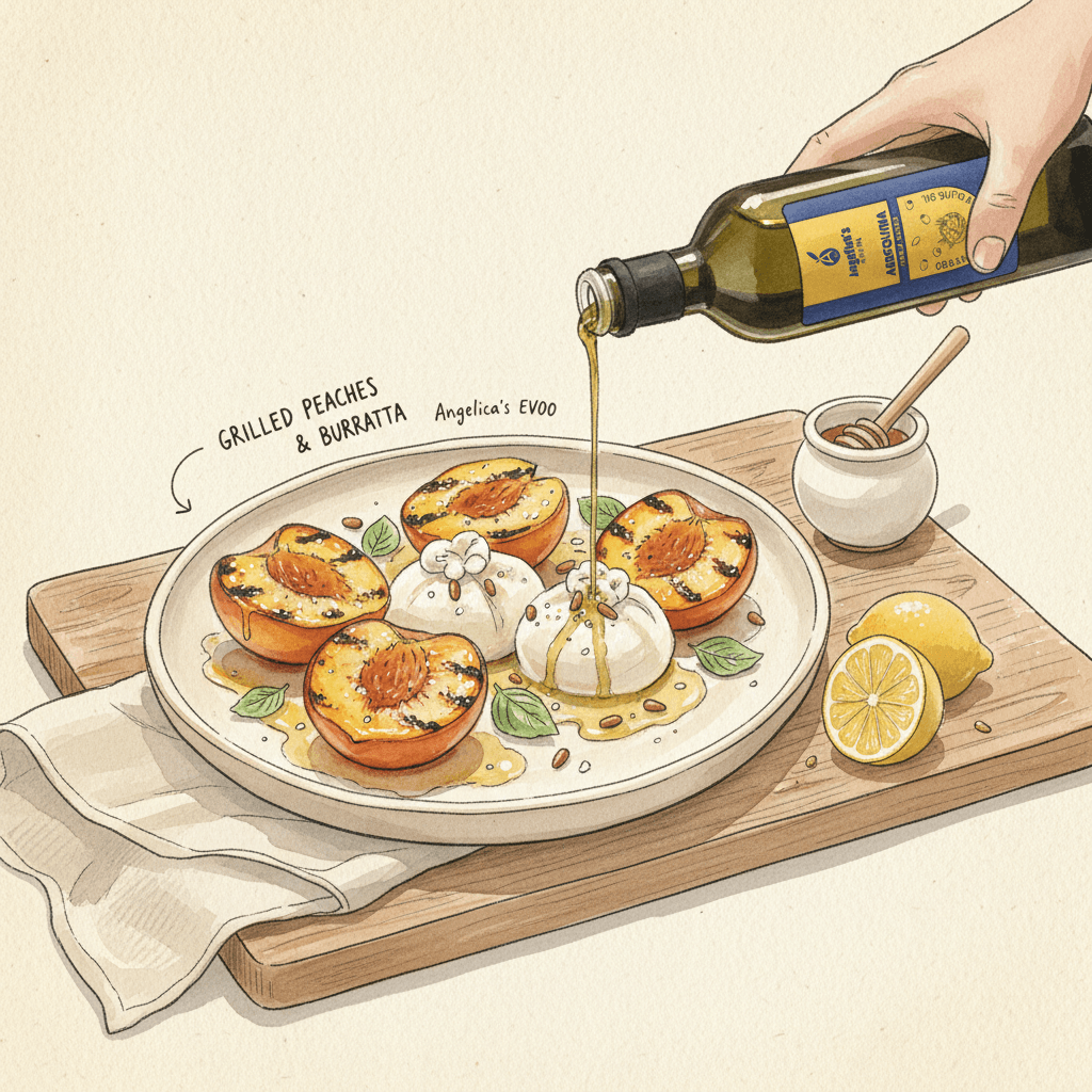Grilled Peach and Burrata with Basil, Honey, and Arbequina EVOO